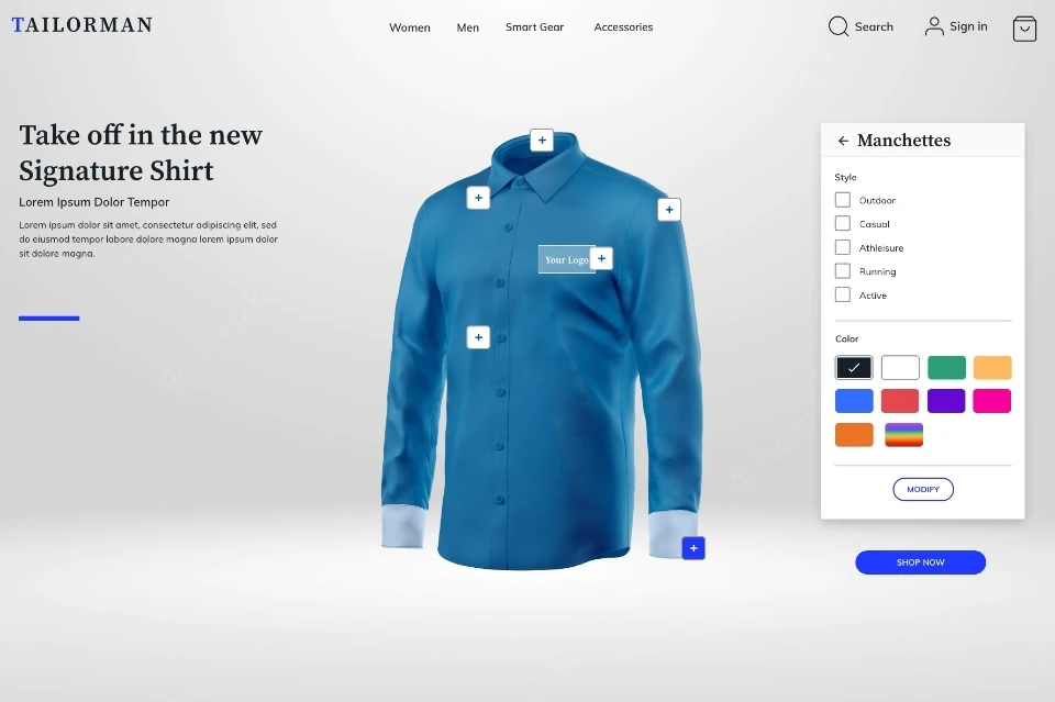 Configurateur de vetements qui permet de définir la taille, et la couleurs de chaque élément