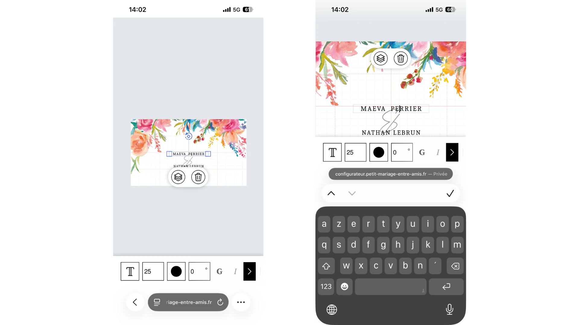 Interface du configurateur de gobelets Petit Mariage entre Amis