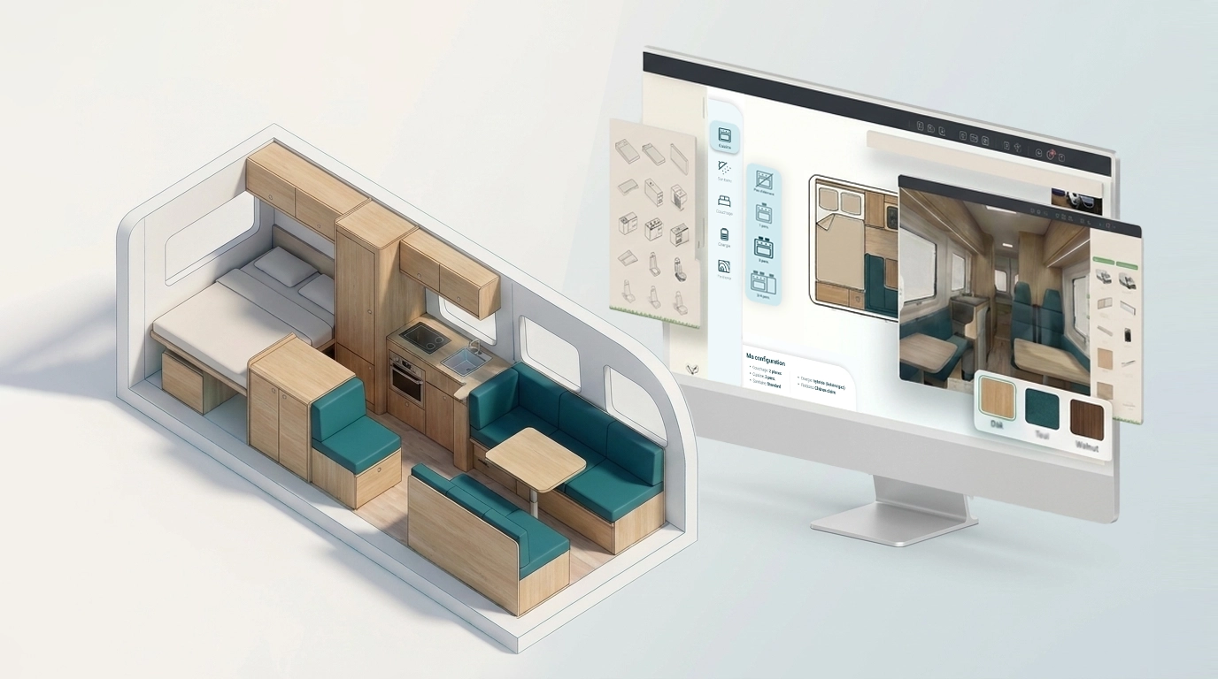 Configurateur de van aménagé : vue 3D en coupe de l'aménagement intérieur et écran de configuration avec choix des finitions