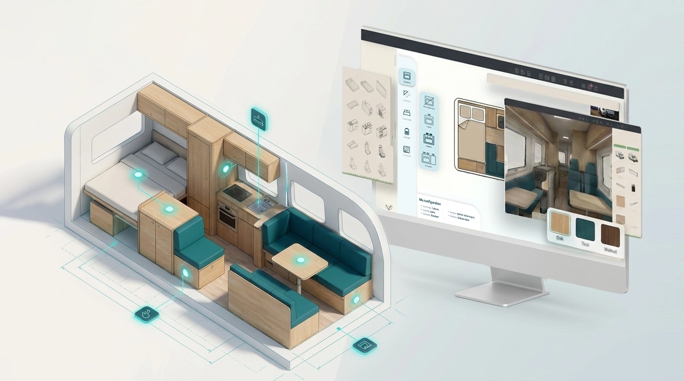 Configurateur de van aménagé : vue 3D en coupe avec points interactifs sur le mobilier, et écran de configuration