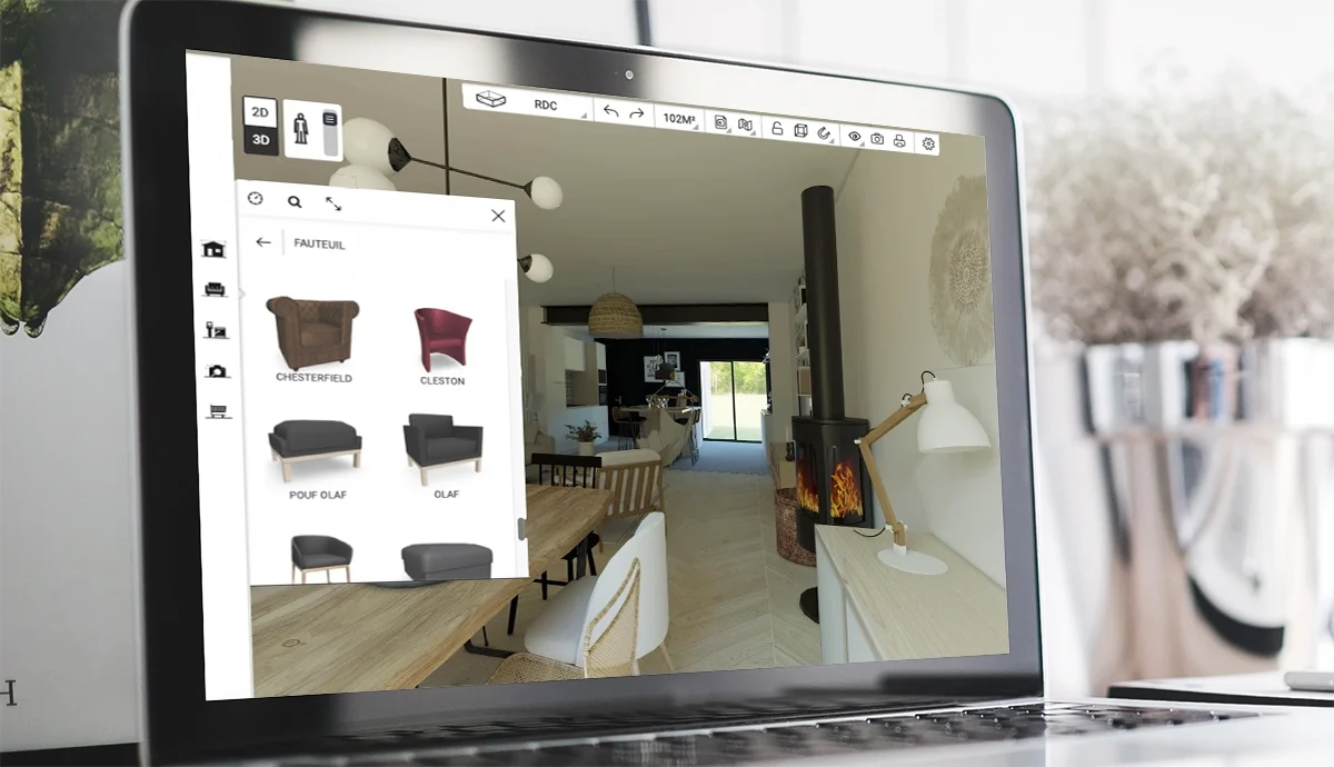 Configurateur d'agencement d'habitat en 3D sur un ordinateur portable : vue intérieure d'un séjour avec catalogue de mobilier