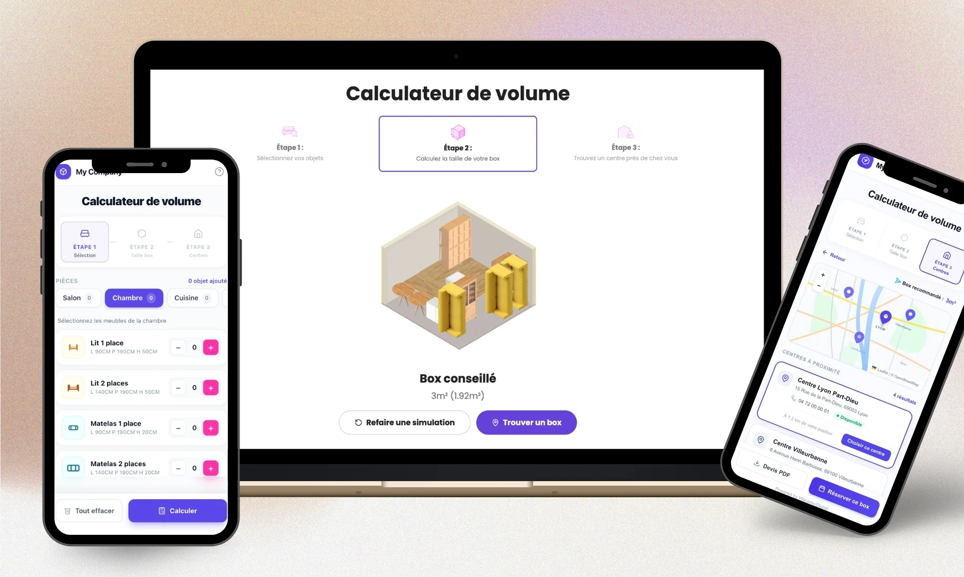 Calculateur de volume de self-stockage sur ordinateur portable et mobile : sélection des meubles, taille de box conseillée et centres à proximité