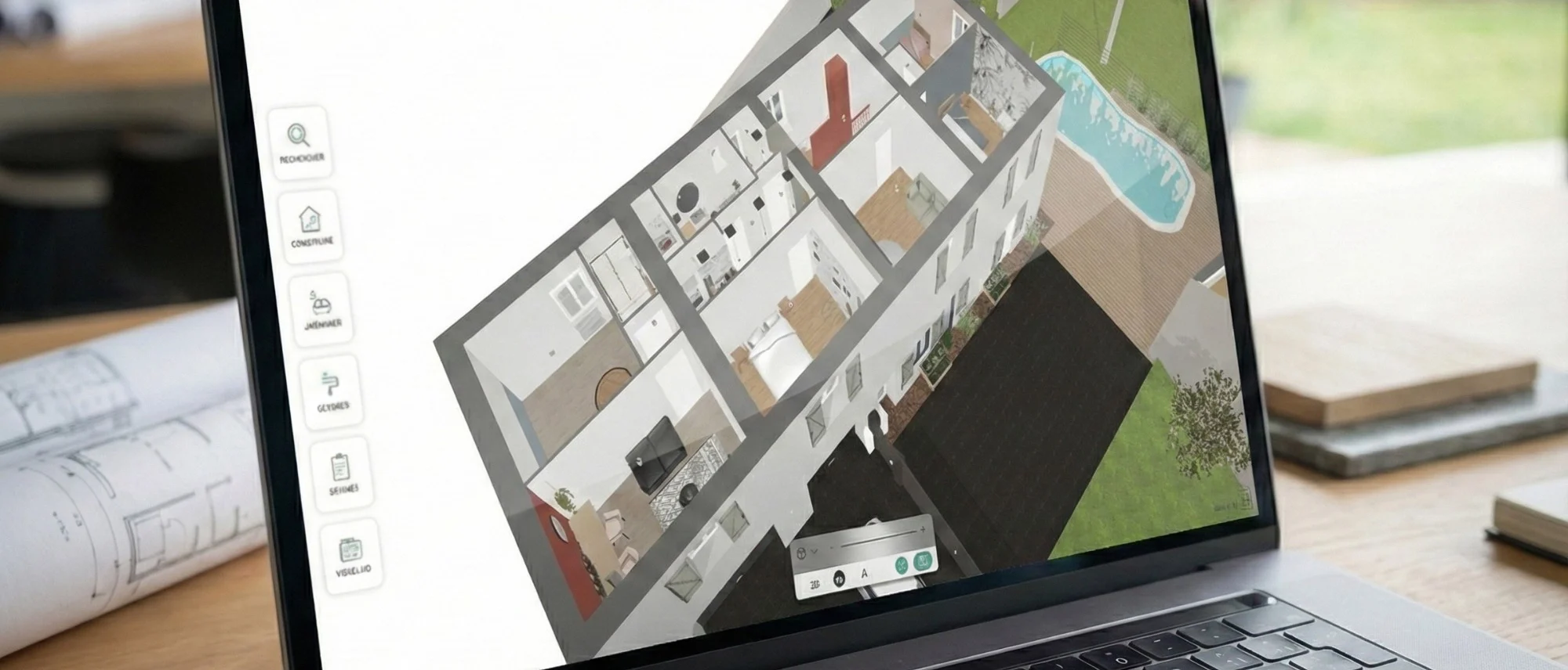 Configurateur d'espaces sur un ordinateur portable : plan 3D d'une maison meublée vue de dessus, avec jardin et piscine