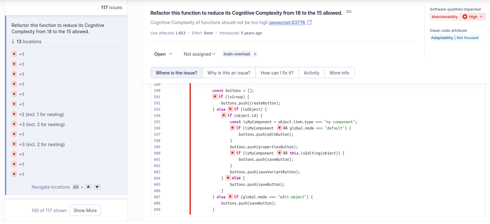 Détail du calcul du score de complexité cognitive dans SonarQube