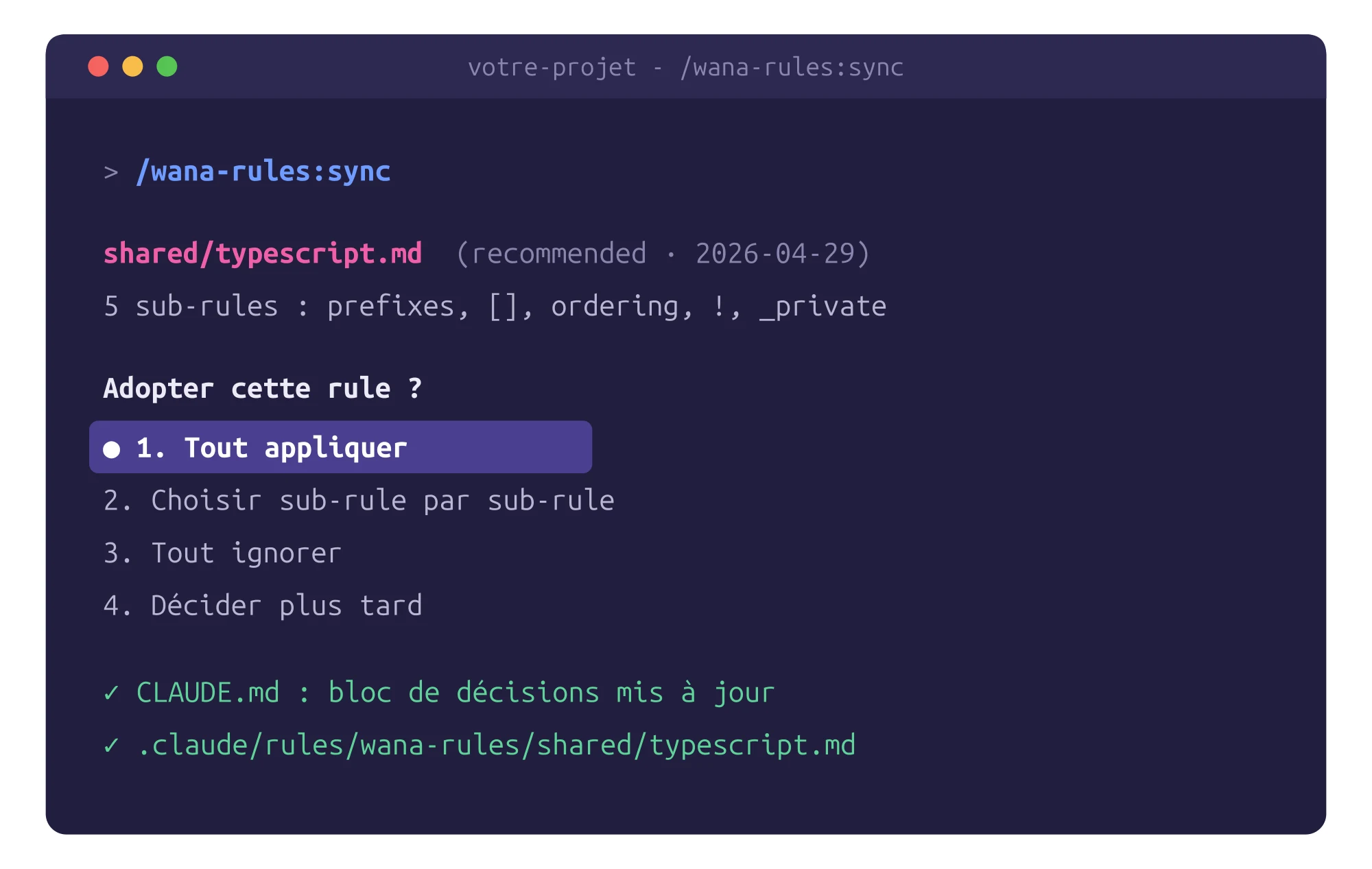 Le sync propose chaque rule : tout appliquer, choisir, ignorer, décider plus tard