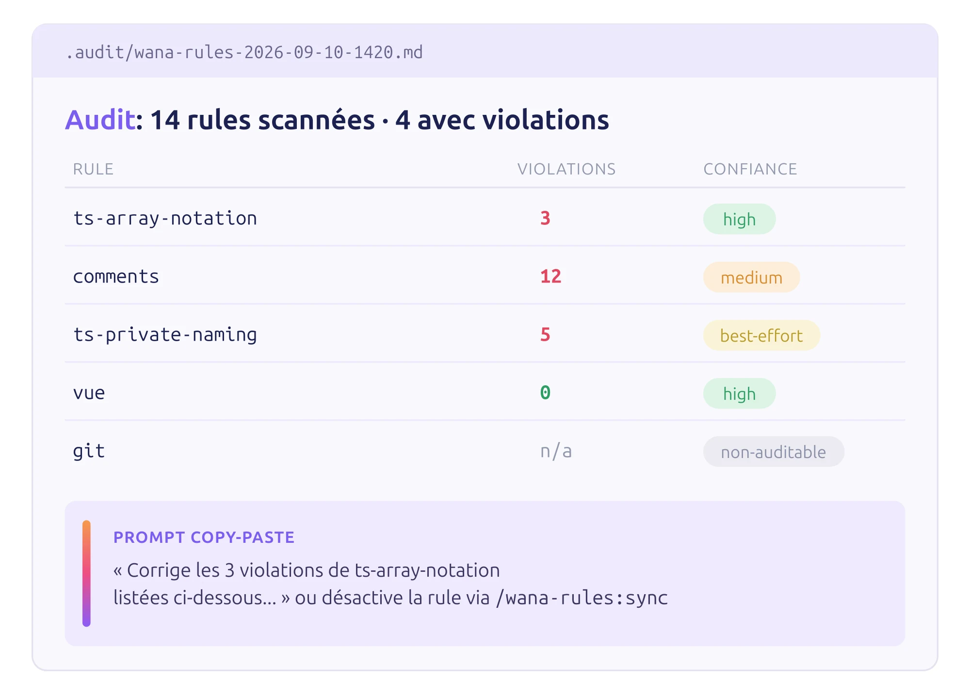 Le rapport d'audit : violations et niveau de confiance par rule, avec un prompt de correction