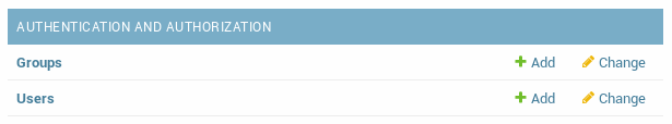 Capture d'écran de la section « AUTHENTICATION AND AUTHORIZATION » de l'administration de Django