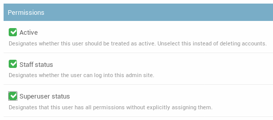 Capture d'écran des permissions d'un utilisateur dans l'administration de Django
